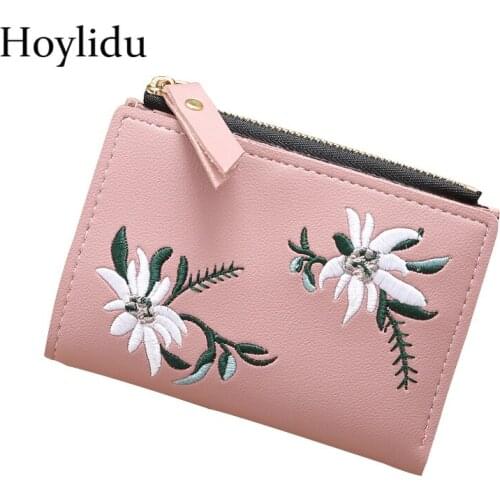PU Leather Womens Wallets and Purses Mini Short Change Money Bags Embroidery Slim Wallet Zipper Small Coin Purse Card Holder
