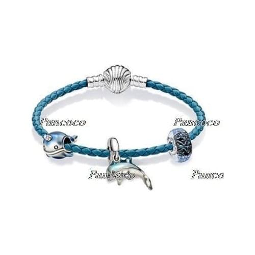 925 Sterling Silver Beaded Bracelet Deep Blue Enamel Shimmering Narwhal Bangle For Women Wedding Gift Fashion Jewelry