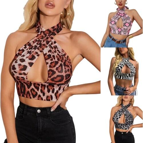 Women Sexy Criss Cross Hollow Out Vest Leopard / Zebra Printed Halter Neck Tank Top Summer Sleeveless Crop Tops Streetwear