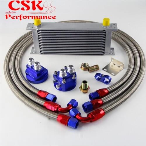 16 Row AN10 Universal Engine Transmission Oil Cooler British Type + Filter Adapter Kit Blue