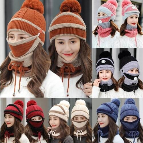 3Pcs/Set Outdoor Riding Buttons Pompom Knitted Hat Face Cover Neck Scarf Set Clothing Accesories 2020