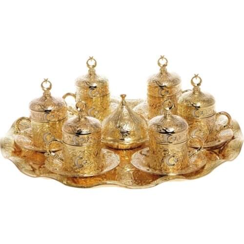 BazaarHediyelik Decorative Ottoman Moon Star Designs Turkish coffee Tray Cup Lokum Set 6 Personality Gold Color