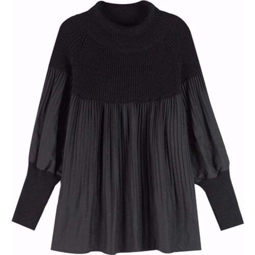 Turtleneck Black Pleated Patchwork Sweater Oversized Long Puff Sleeve Winter Knitted Kawaii Pullover