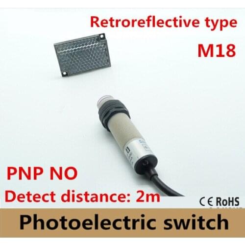 M18 Retroreflective type PNP NO/ normally open DC 10-30V 3 wires photoelectric sensor switch with mirror reflector, distance 2m