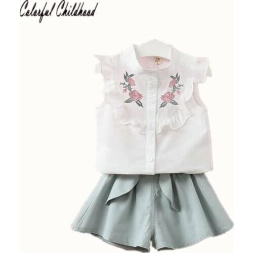 BABY girls sets top+pants embroidery floral ruffles drawstring lovely kis clothing combed cotton cozy summer child clothes 2-7Y