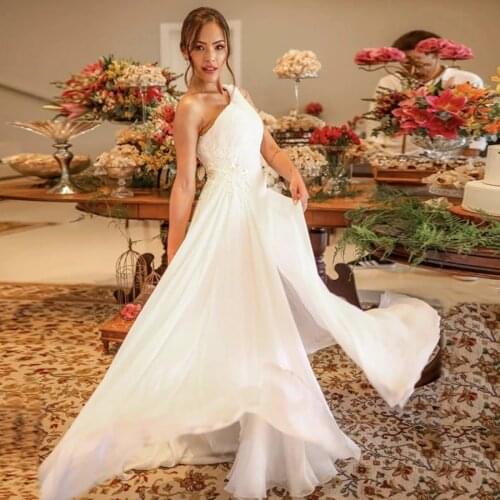 Summer Boho Wedding Dress Sexy One Shoulder Chiffon Beach Wedding Dress Applique Bride Dress Wedding Gowns Vestido De Noiva