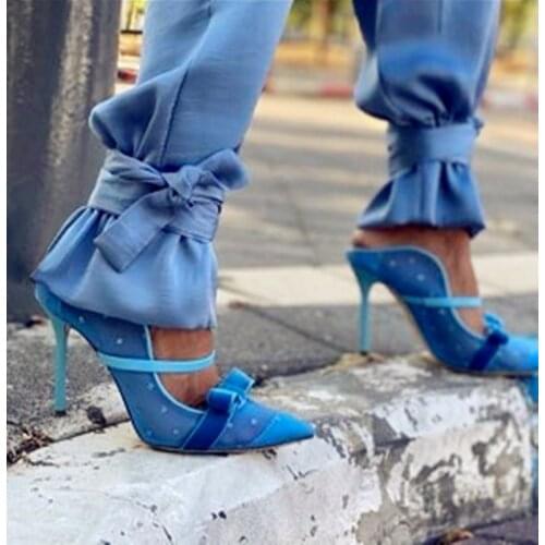 Summer Dot Mesh Patchwork Bowtie High Heel Slipper Women Thin Heels Pointed Toe Party Shoes Woman Slingback Cutout Sandals