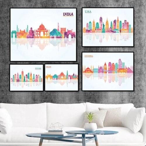 Minimalist India Madrid Usa Shanghai Beijing New York Poster Watercolor City Canvas Painting Wall Art Pictures