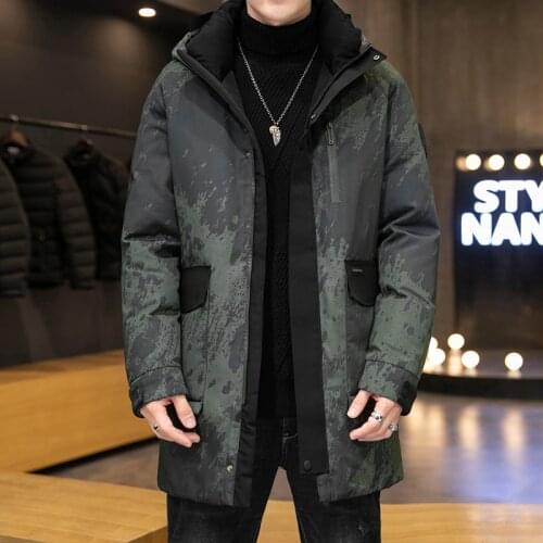 Mens Mid-length Down Padded Jacket Korean Style Stand-up Collar Winter Trendy Jacket Handsome Hooded Mens Warm Padded Coat