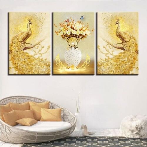DIY Full Square Diamond Embroidery Cross Stitch 3 Pieces Golden Peacock Couple picture of Rhinestones Mosaic Diamond Painting