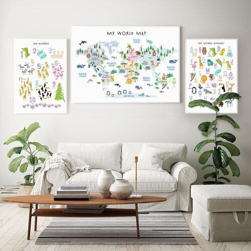 Wall Art Canvas Painting Cartoon Animal Ocean World Map Child Prints Nordic Posters Home Decoration Picture Kid Bedroom Decor