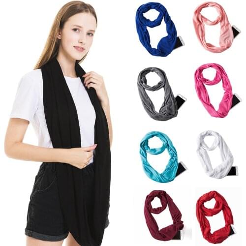 2019 new winter women Scarf solid color jersey warm convertible journey wrap with secret hidden zipper pocket scarves