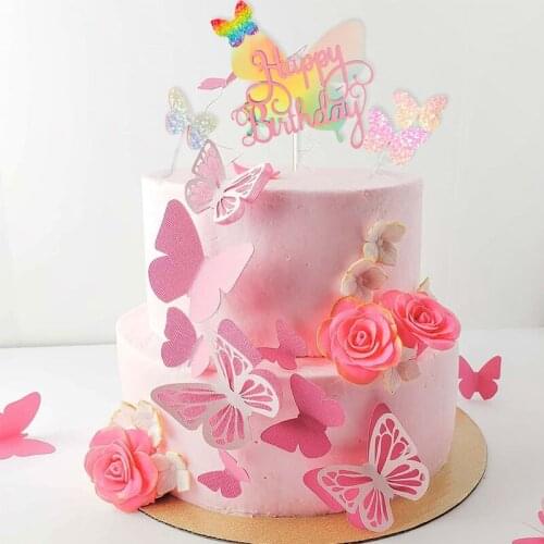 Biling Colourful Laser Butterfly Happy Birthday Cake Topper Wedding Bride Dessert Decoration for Birthday Party Lovely Gifts