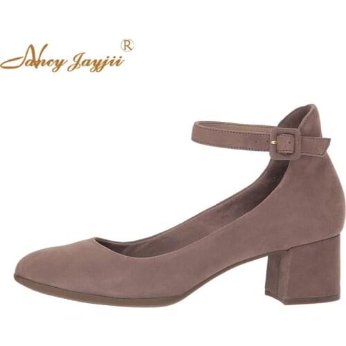 Coffee Chocolate Block Heel Pumps Ankle Buckle Strap Low Heel Spring Summer Shoes Sweet Dress Women Large Size 15 16 NANCYJAYJII
