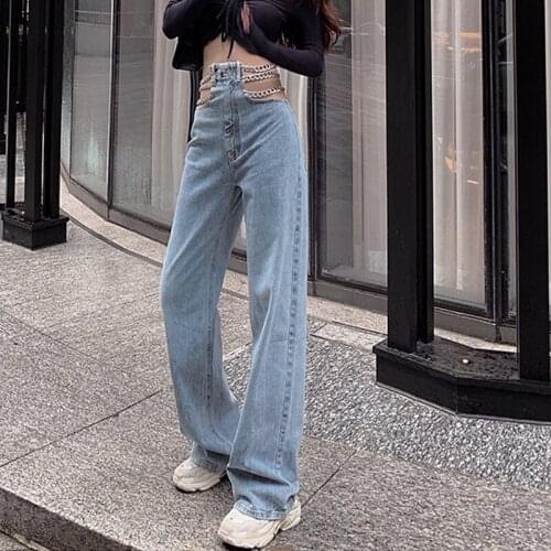 Streetwear Side Chain Hollow Out Wide-Leg WomenS Jeans High Waist Pants Sexy Elegant Ladies Europe Fashion Jeans