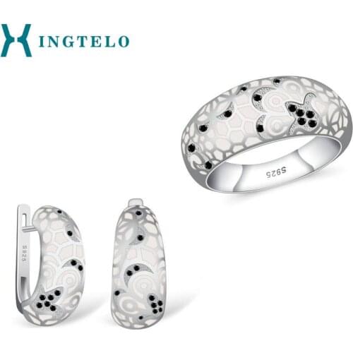 XINGTELO Bridal Ring and Earrings 925 Silver Jewelry Set White Enamel Pattern Black Spinel Noble Silver Jewelry for Women