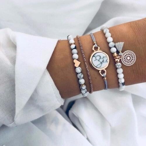 4Pcs/Set Women Personality Tassel Beaded Bracelet Charm Hollow Stone Love Heart Elastic Hand Chain Bracelets Accessories