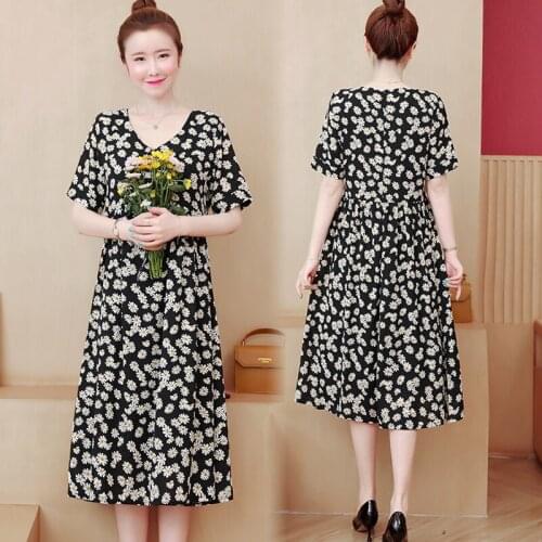 Fashion vestidos mid-length in summer 2020 new Large size floral loose Short sleeve slim V-neck idyllic chiffon dress D257