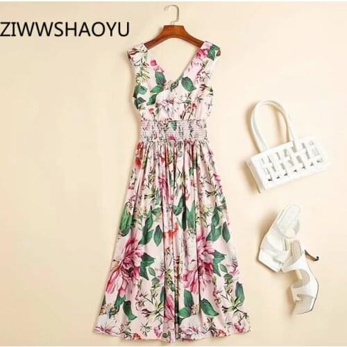 ZIWWSHAOYU Summer Women V-Neck Floral Print Vintage Midi Dress Fashion Designer Ladies Sleeveless Elastic Waist Vest Dresses