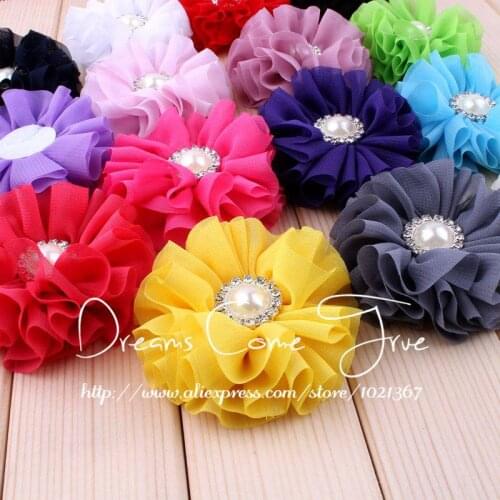 200pcs/lot 6.5CM 15Colors Newborn Rhinestone Pearl With Artificial Fabric Flowers For Headband\ Women Baby Girl Hair Accessories