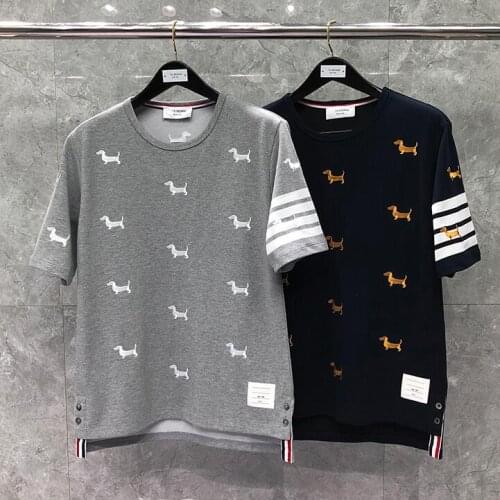 2021 Fashion TB THOM Brand T-shirt O-neck Collar Short-sleeved T-shirt Men Cotton Puppy Embroidery Summer Clothing