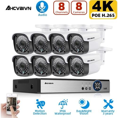 8CH 4K Ultra HD POE Video Surveillance System Network IP Camera CCTV Kit 8MP H.265 NVR With 4/8X8MP Weatherproof Security System