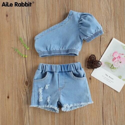 2021 Baby Summer Clothing Girl Two Piece Set, Kid Single Shoulder Crop Tops Shirt Ripped Denim Shorts With Pockets For Children