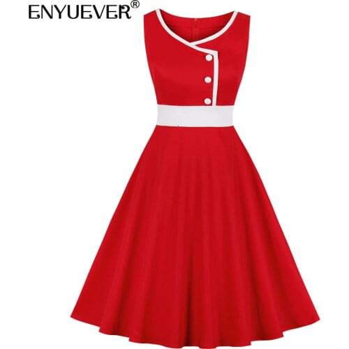 Enyuever Elegant Women Office Dress Summer Clothing Sleeveless High Waist Cotton Robe Pin Up Swing Red White Ladies Dresses