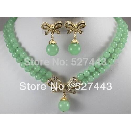 Hot selling@> Wholesale 2 row Yellow Green Natural stone Round bowknot Necklace Earring Natural jewelry -Bride jewelr