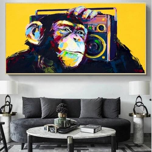 Modern Animal Canvas Painting Monkey Listening To Music Posters and Prints Wall Art Picture for Living Room Decoration Cuadros