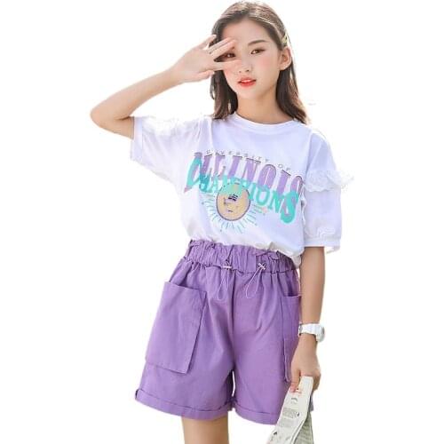 Summer Girls Cotton T-shirt + Casual Shorts Pants for Teenage Girl Baby Clothes suit 5-14 years