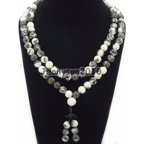 Natural White Zebra 10mm Gems Stone Buddhist 108 Bead Prayer Mala Long Necklace Multi-Purpose Bracelet Necklace 5Strands/Pack
