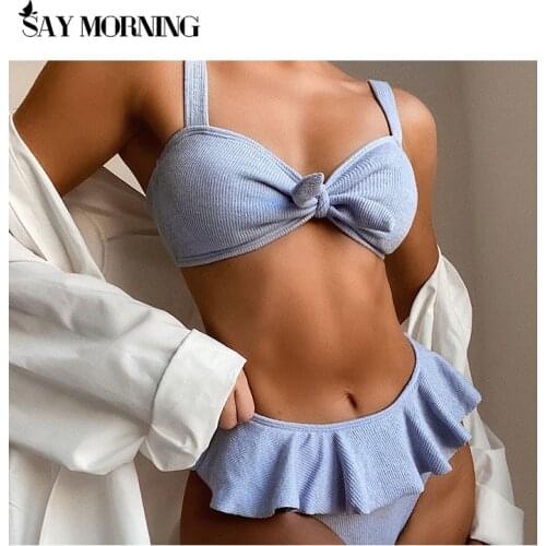 SAY MORNING New Ruffled Knotted Bikini Female Swimsuit Women Swimwear Two-pieces Bikini set Mid Waist Bather Bathing Suit