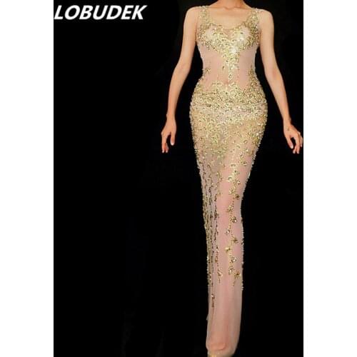 Sexy Mesh See-through Gold Rhinestones Long Dress Women Prom Birthday Evening Party Perspective Dress Host Singer Stage Costume