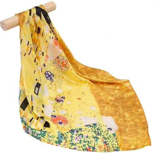 100% Pure Silk Scarf Women Scarf The Kiss Silk Hijab Hair Scarf Bandana 2019 Female Head Scarf Square Famous Painting Silk Wrap