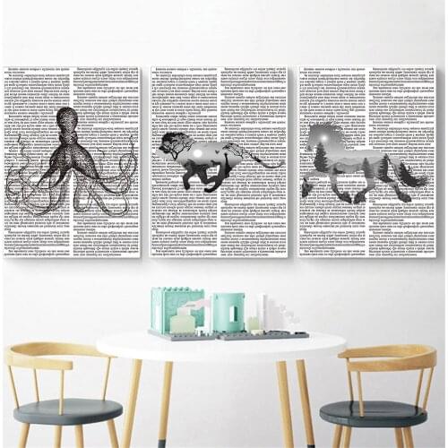 Nordic Giraffe Poster Black White Wall Art Lion Horse Landscape Newspaper Octopus Modern Minimalist Living Room Decoration