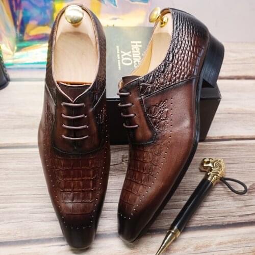 Elegant Men Leather Shoes Formal Dress Shoes Lace Up Wing Tip Wedding Office Coffee Black Crocodile Prints Oxford Shoes For Men