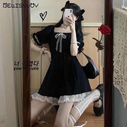 Japanese Kawaii Mini Dress 2021 Women Summer Short Sleeve Sweet Cute Ruffles Dress College Style Bow Lace Gothic Lolita Dress