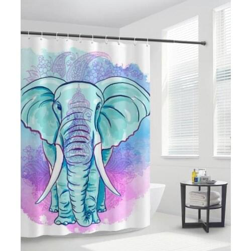 Bohemian Elephant Painting Print Shower Curtains White Ivory Waterproof Polyester Bath Curtain with 12 Hooks Bathroom Decor