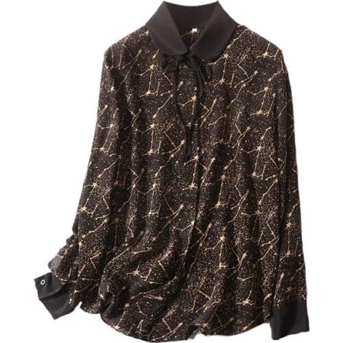 Women Summer 100% Silk Star pattern Blouse Long sleeve office wear casual natural silk blouses print real silk shirt tops