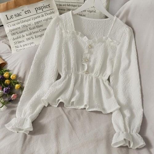 Women Sweet Short Blouse Spring Autumn New Solid Square collar Flare Sleeve Ruffles Slim Chic Wild Female Fashion Korean Shirt