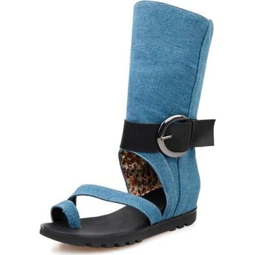 Hot sale high quality flat with casual cool denim increased trend in clip toe Belt buckle woman shoes high sandals