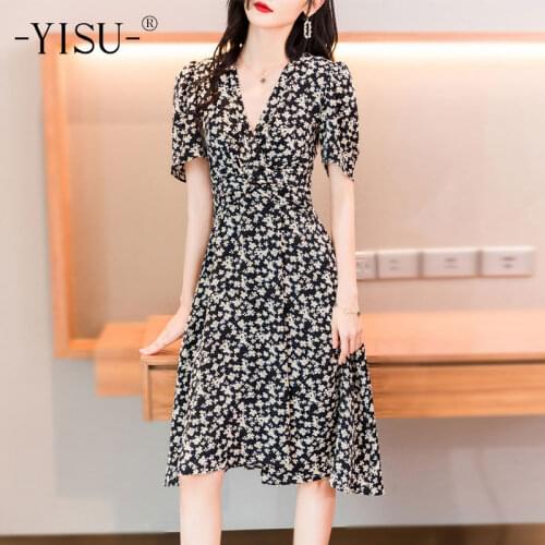 YISU womens summer dresses 2021 V-Neck Knitted Dress printing Short sleeve Knee-length skirt Casual Female Dress Thin section