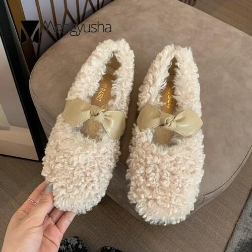 Lambswool Moccasins women pu bow-knot mary janes winter plush shoes woman fairy warm woolen fur flats cozy furry ballerina 2020