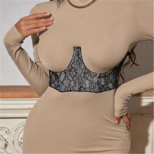 Women Sexy Breasted Corset Fashion Solid Color Lace Stitching Fish Bone Slim Fit Girdle Black