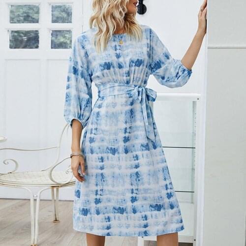 Women Dress Fashion Mid-Sleeve Round-Neck High Waist Casual Midi Dress Soft Tie-Dye Print Ladies Stylish Dresses Autumn Summer