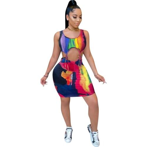 2021 Women Dress Casual Tie Dye Print Sleeveless O Neck Mini Dress Summer Women Sexy Hollow Out Lace Up Bandage Club Party Dress