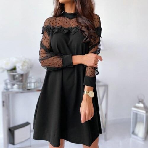 2021 Women Spring A Line Dress Mesh Patchwork Lace Transparent O Neck Long Sleeve Solid Color Slim Mini Dress