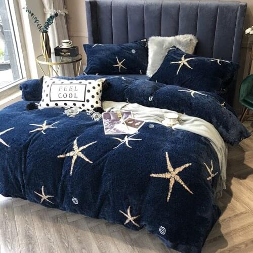 Winter Warm thickening Milk cashmere Soft Bedding sets Queen King Coralline Duvet cover Bed sheet set Pillowcase 4pcs blue star