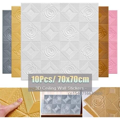 10Pcs 3D Self-adhesive Wall Sticker Wall Panel Ceiling Rose Pattern Waterproof Moisture-proof Foam Wallpaper Living Room Decor